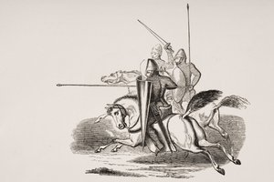 Ritter und Männer in Waffen in der Herrschaft von Ludwig dem Dicken, nach einer Miniatur in einem Psalter aus dem 12. Jahrhundert, aus 